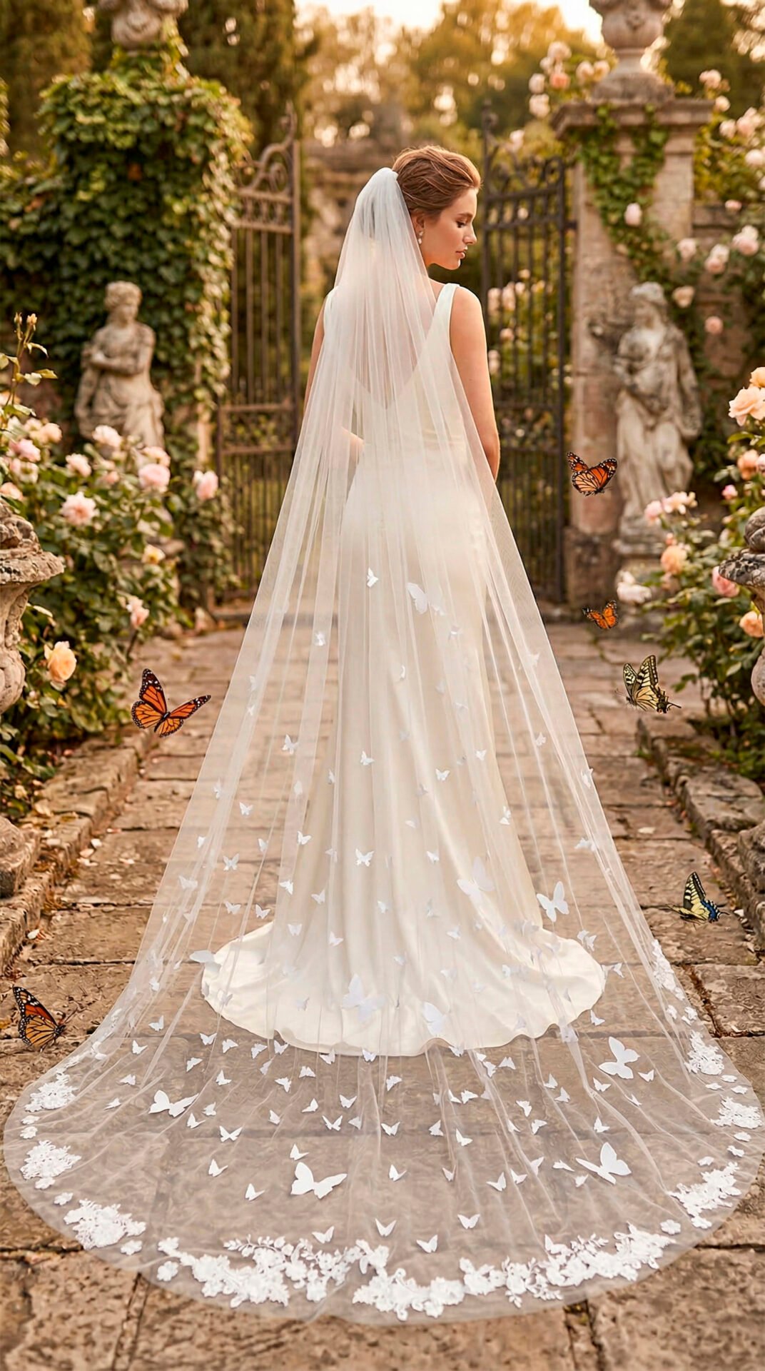 Bride wearing a long tulle wedding veil with white butterfly appliques in a rose garden
