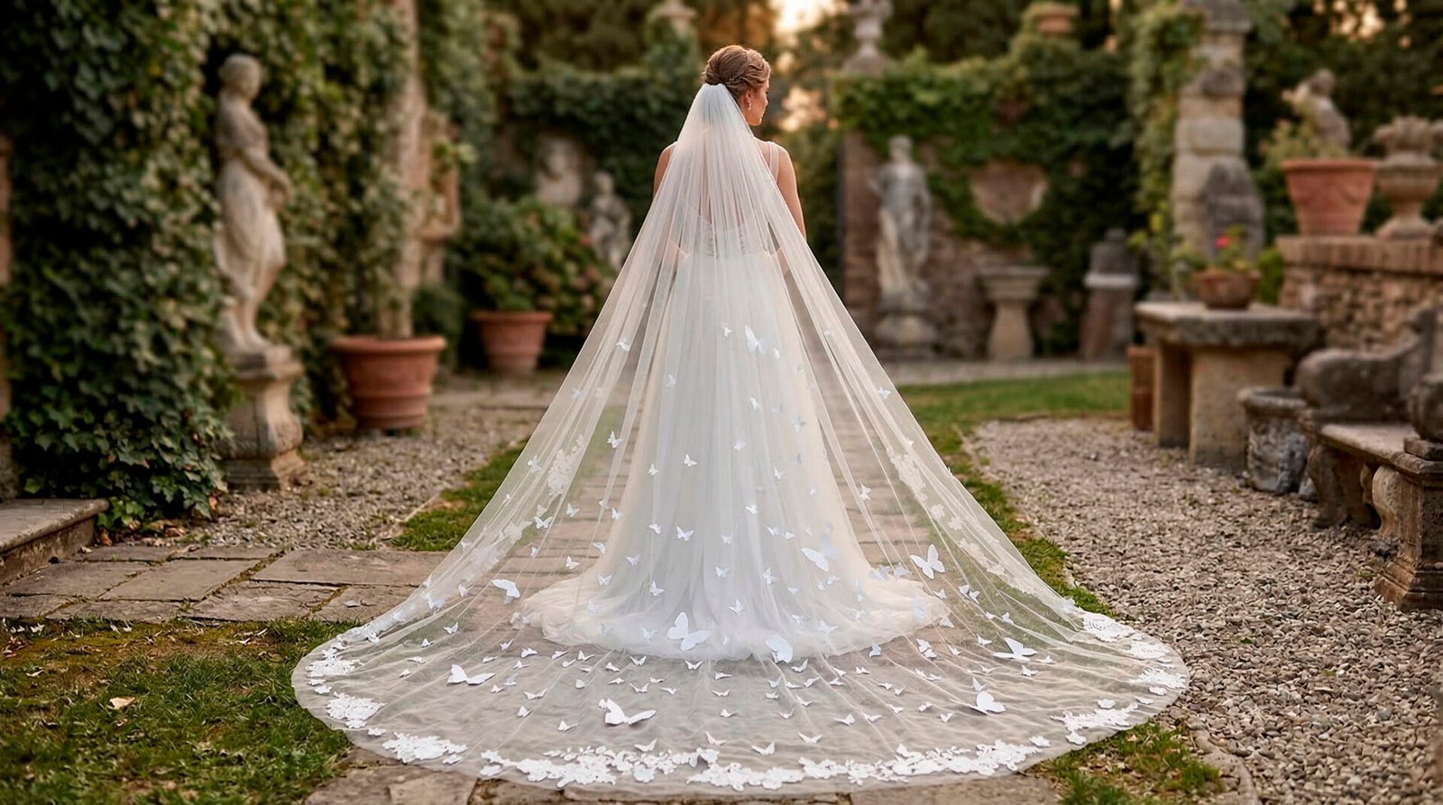 Full train view of a butterfly floral wedding veil with white butterfly appliques