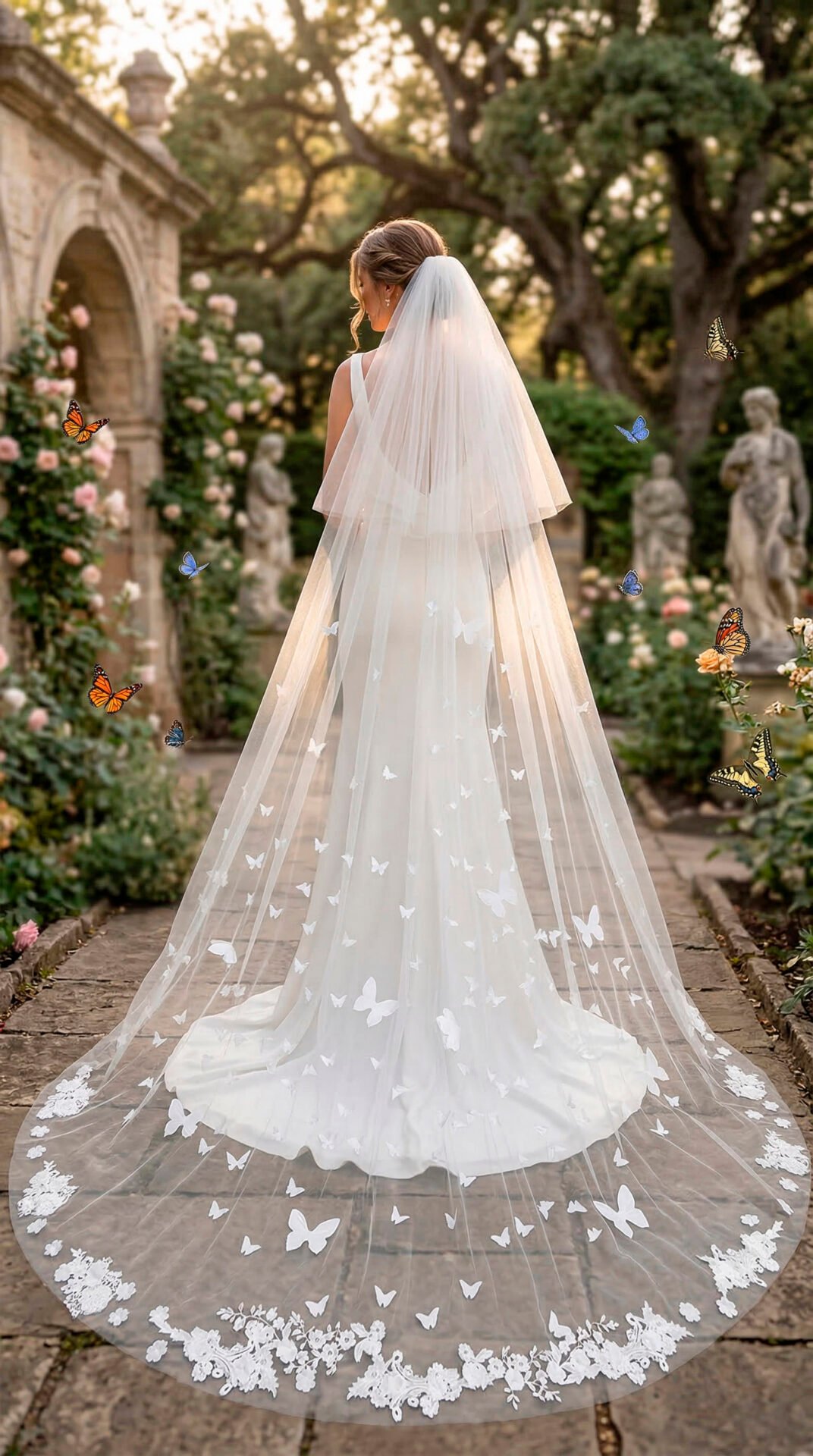 Bride wearing a butterfly floral wedding veil with a long tulle train in a garden