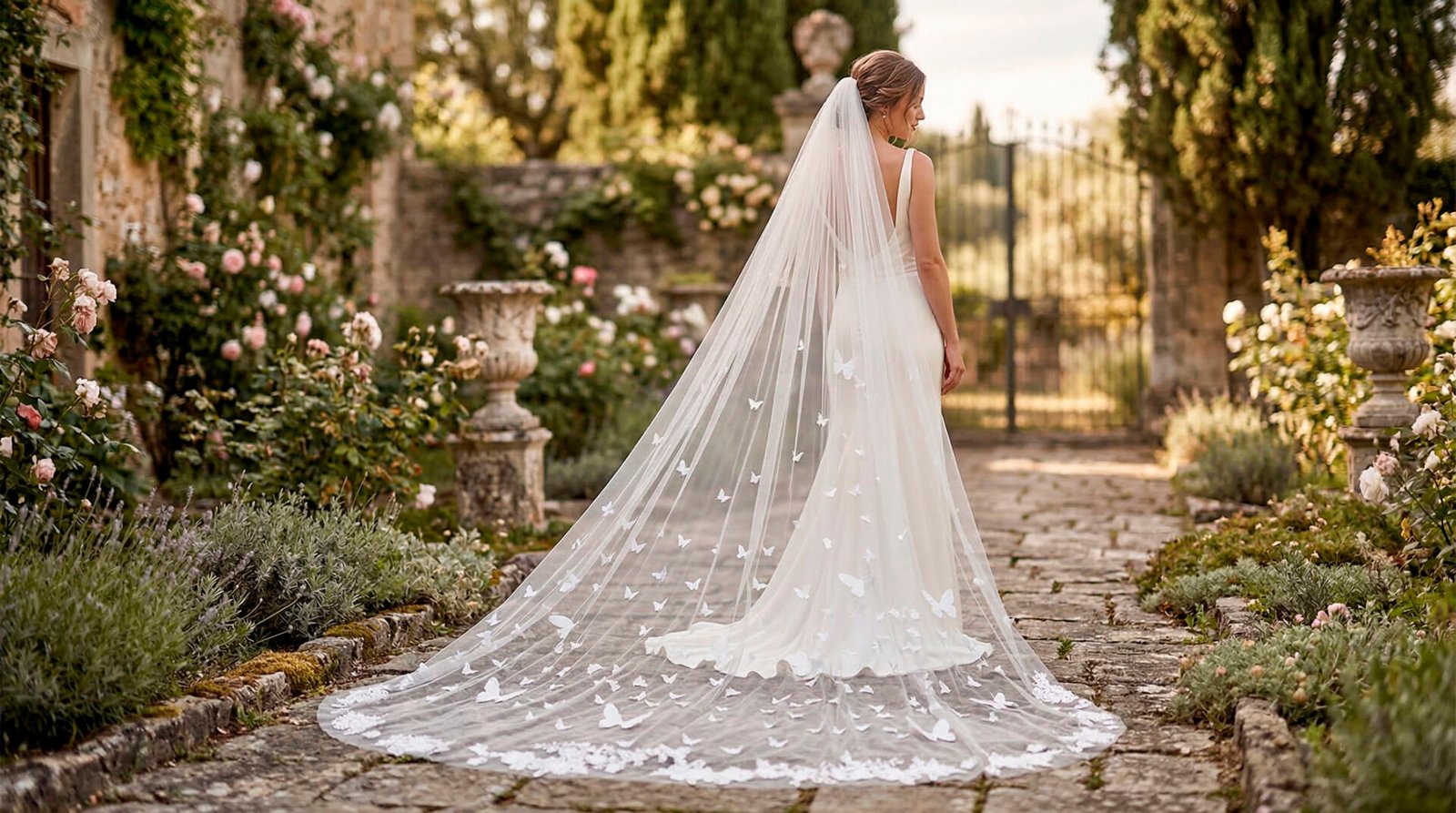 Bride in a garden wearing a long butterfly floral wedding veil from the side