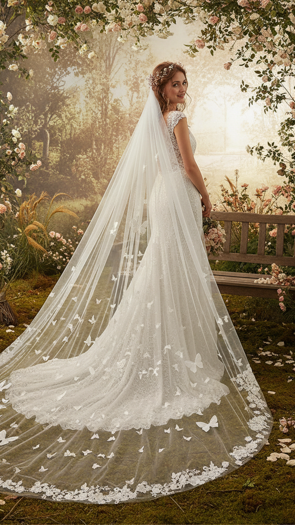 Wedding flower veil with butterflies by WonderBridalAtelier