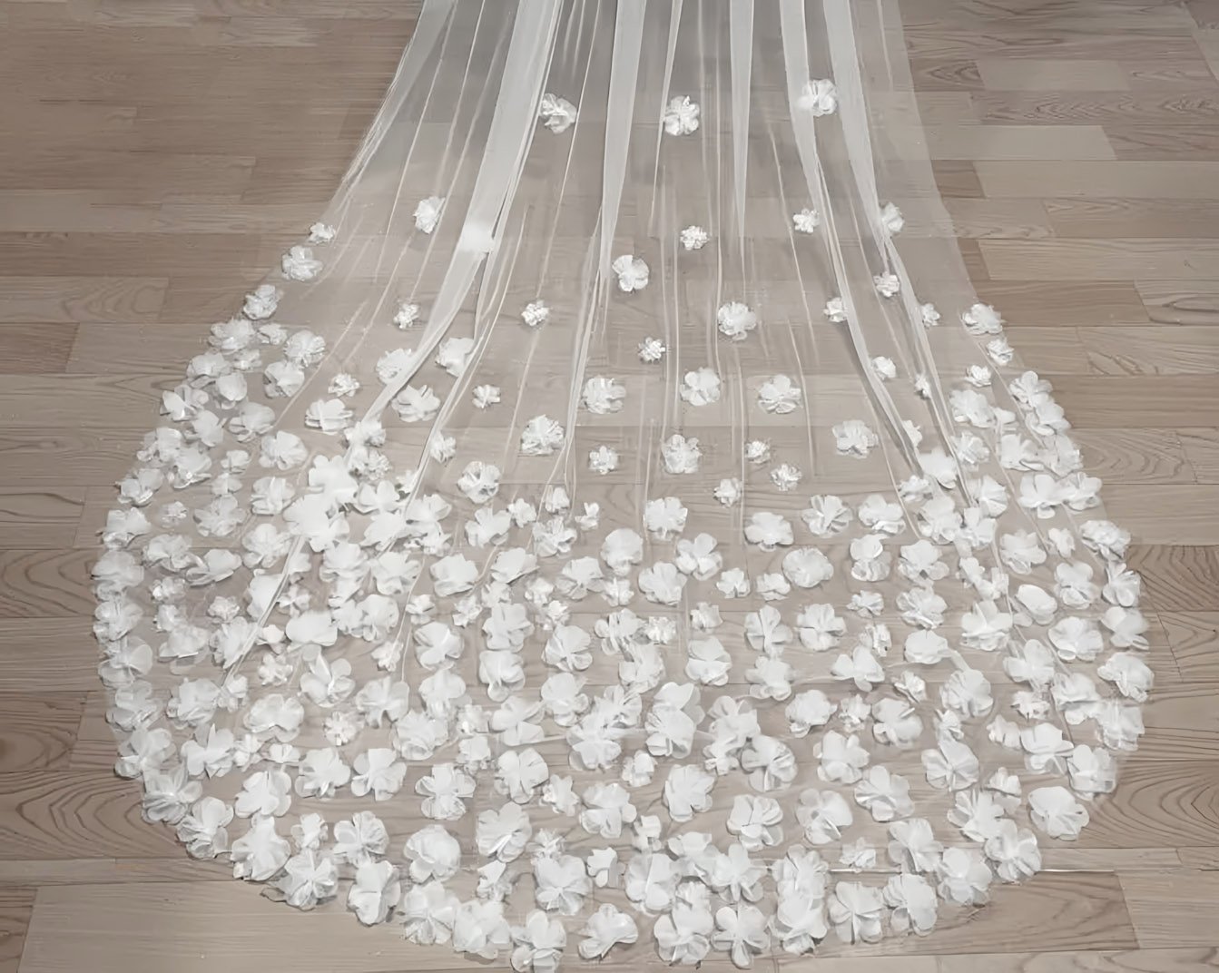 Cathedral wedding veil with white 3D flowers and long tulle train