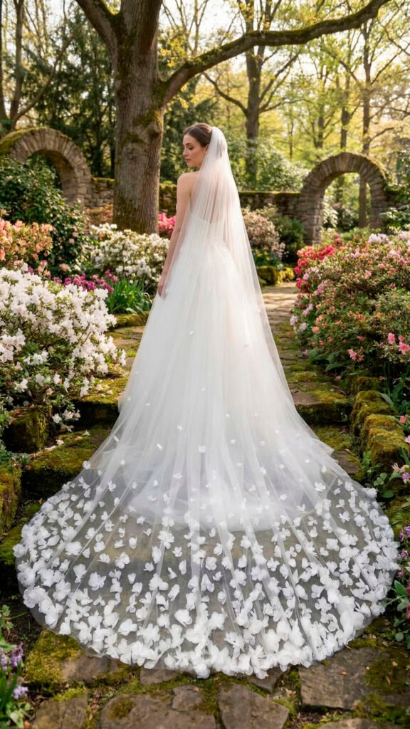 Bride wearing 3D floral cathedral veil in garden wedding setting