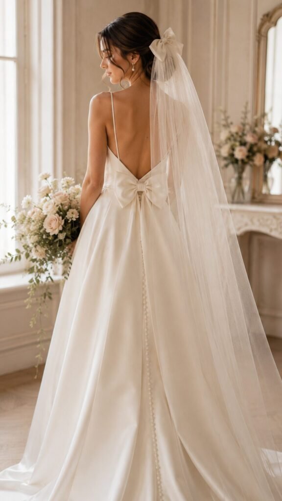 Bride wearing a simple ivory wedding dress with a soft detachable bridal bow