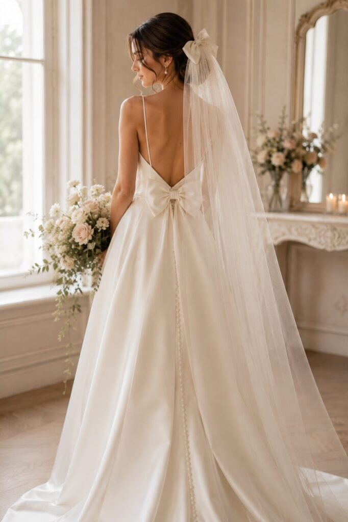 Bride wearing a simple ivory wedding dress with a soft detachable bridal bow