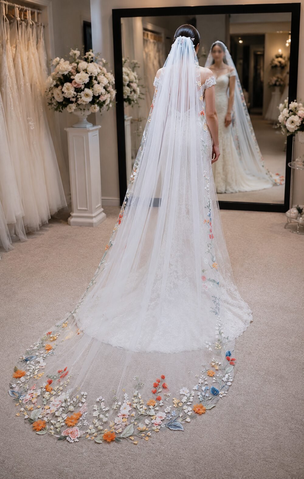 Back view of 118 inch cathedral bridal veil with botanical wildflower embroidery