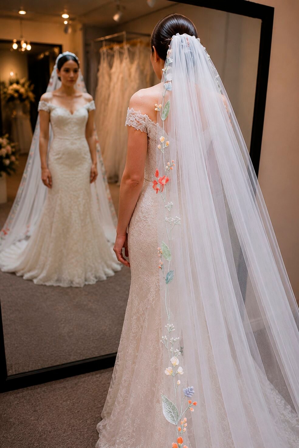 Bride wearing colorful floral cathedral veil with light ivory tulle in bridal boutique