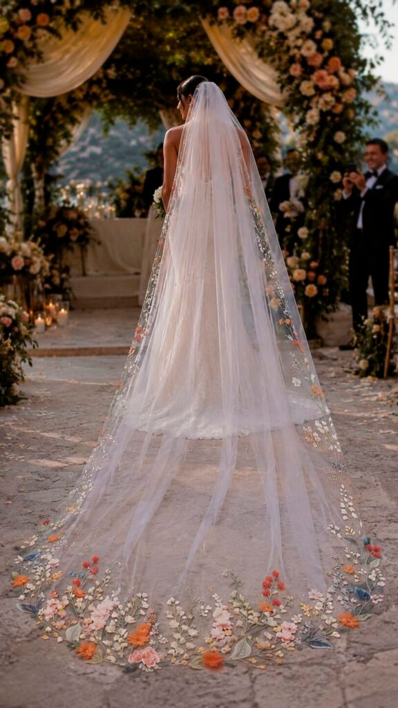 Wildflower cathedral veil in light ivory with colorful 3D floral embroidery
