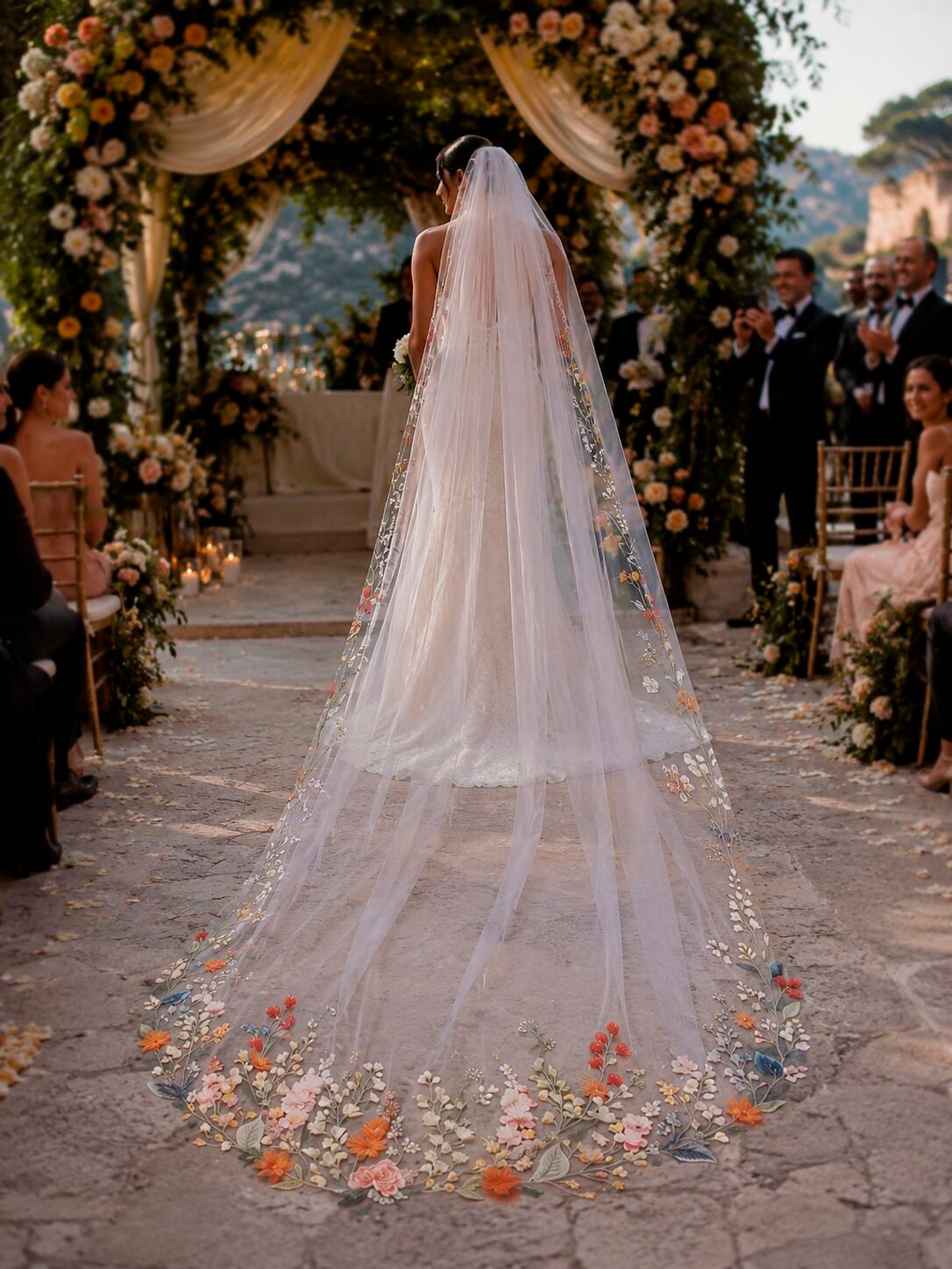 Wildflower cathedral veil in light ivory with colorful 3D floral embroidery