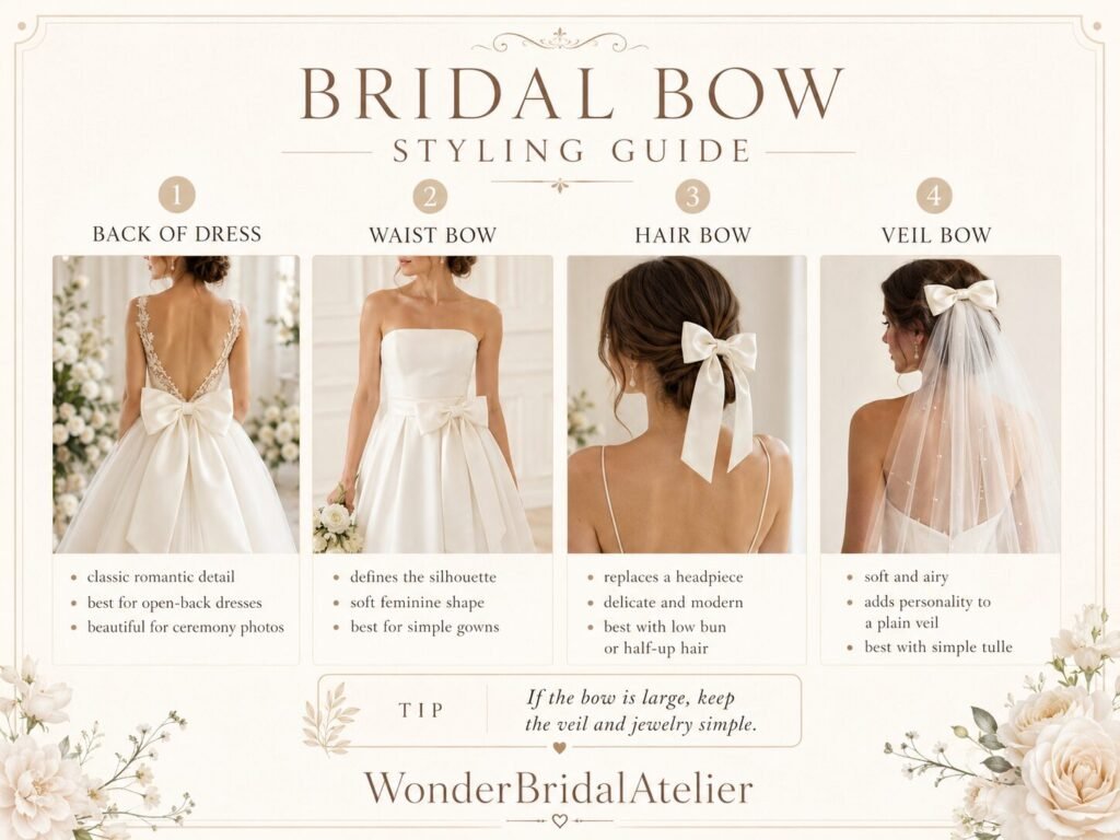 Bridal bow styling guide showing bow options for wedding dress veil waist and hairstyle
