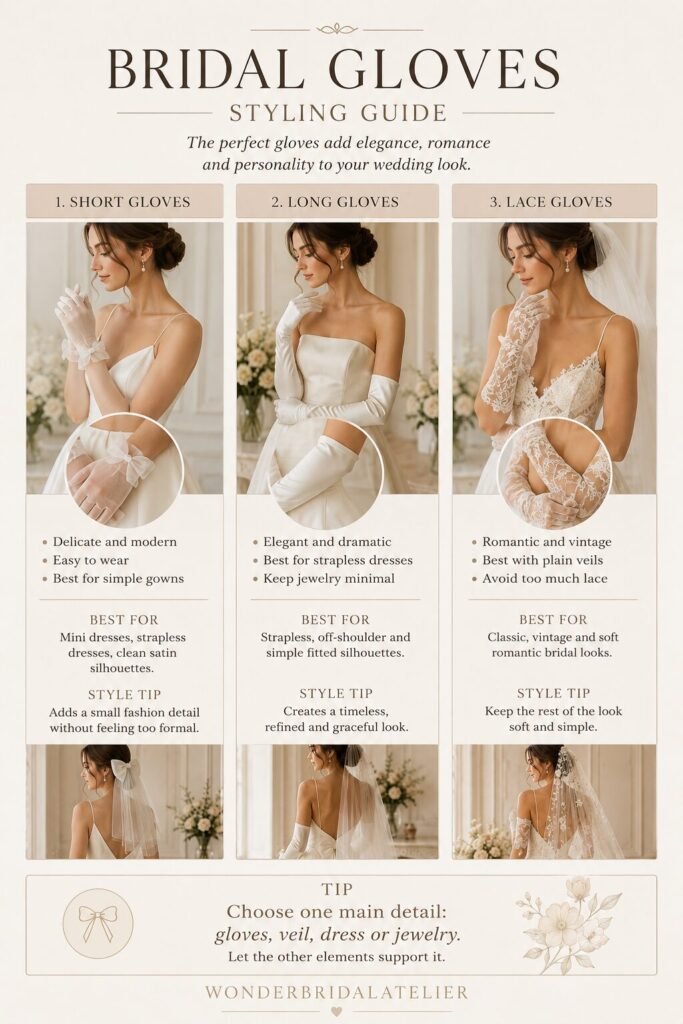 Bridal gloves styling guide showing short long and lace wedding gloves with veil and dress tips