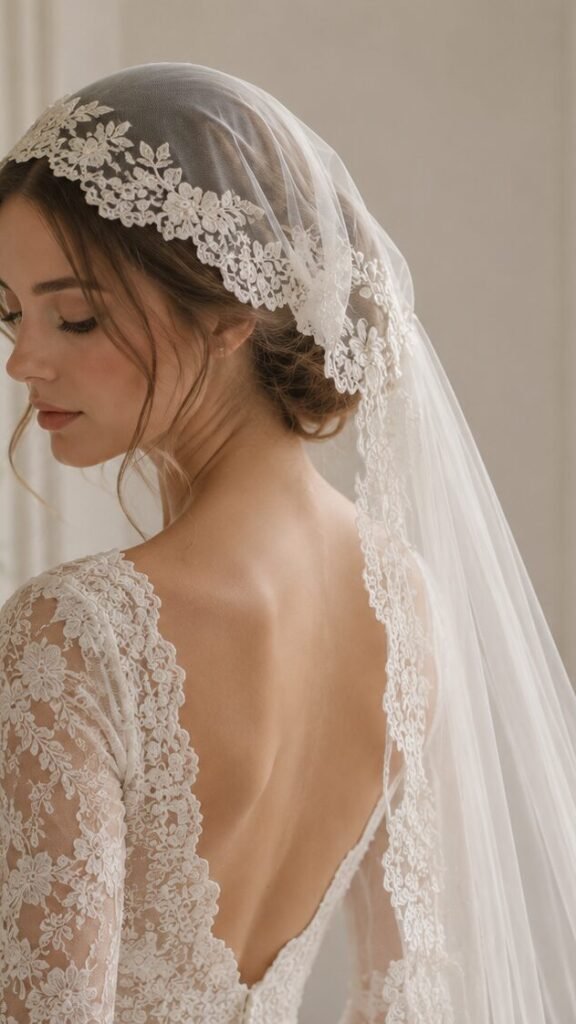 Bride wearing a romantic Juliet cap veil with lace wedding dress in soft natural light