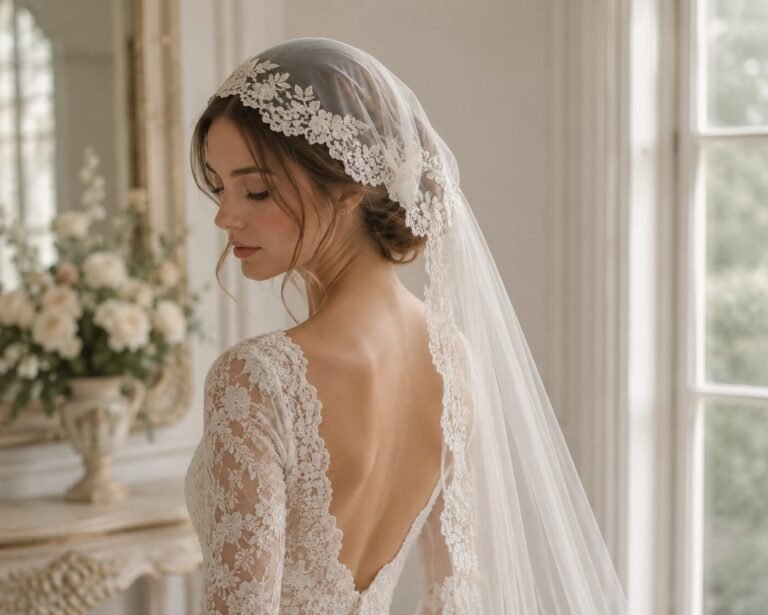 Bride wearing a romantic Juliet cap veil with lace wedding dress in soft natural light