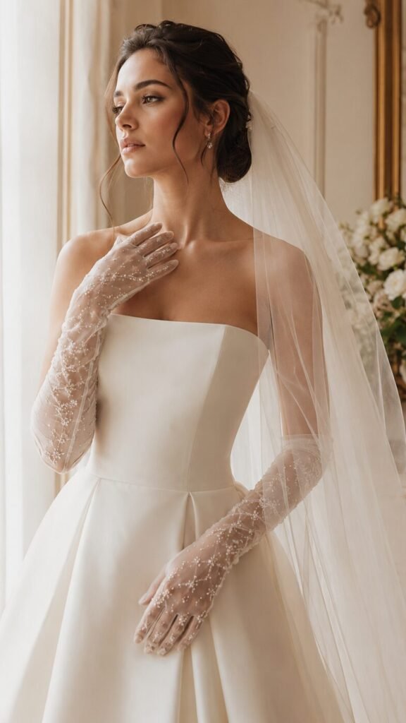 Bride wearing delicate bridal gloves with an ivory wedding dress and soft veil