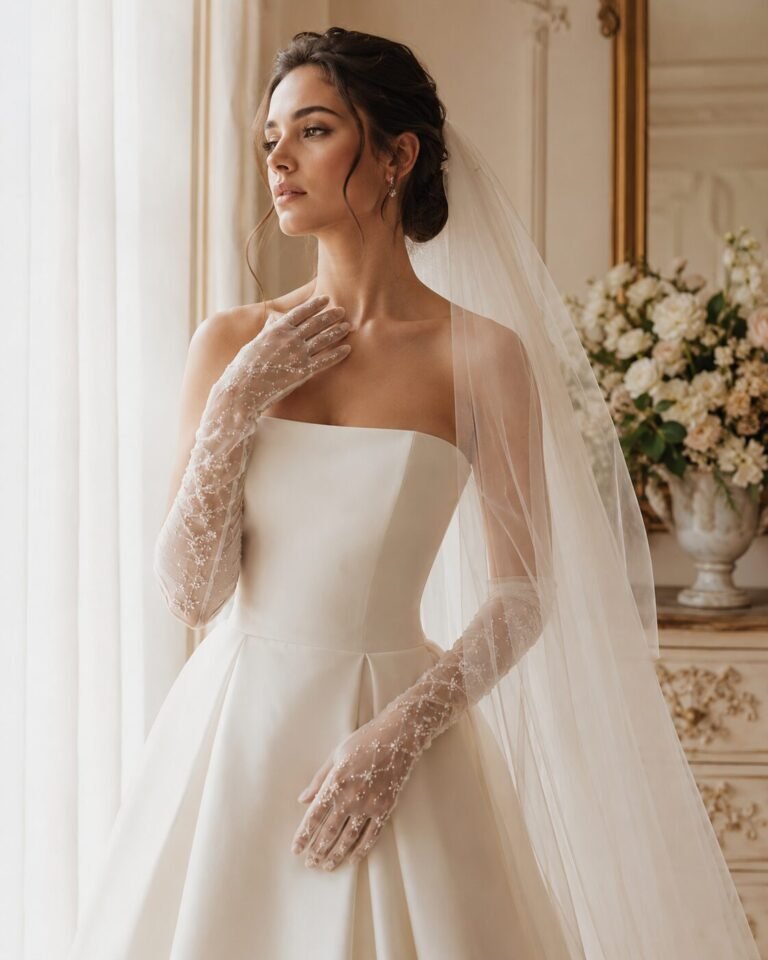 Bride wearing delicate bridal gloves with an ivory wedding dress and soft veil