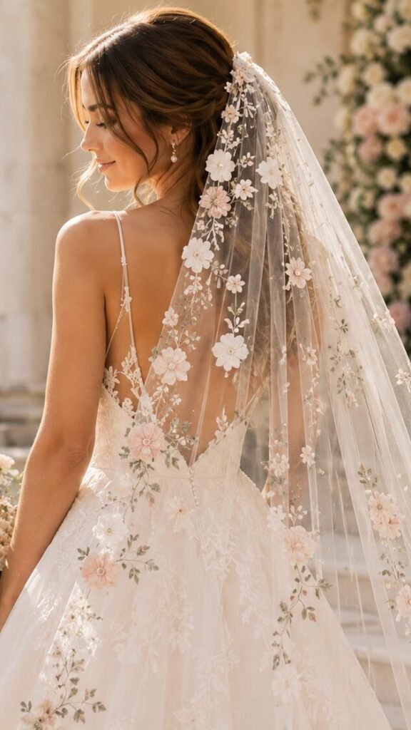 Bride wearing a floral embroidered wedding veil with delicate flower appliques