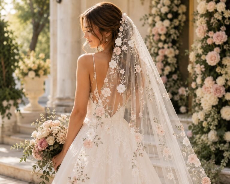 Bride wearing a floral embroidered wedding veil with delicate flower appliques