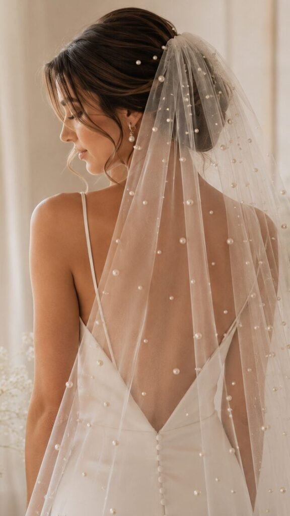 Bride wearing a soft ivory pearl wedding veil with a simple satin wedding dress