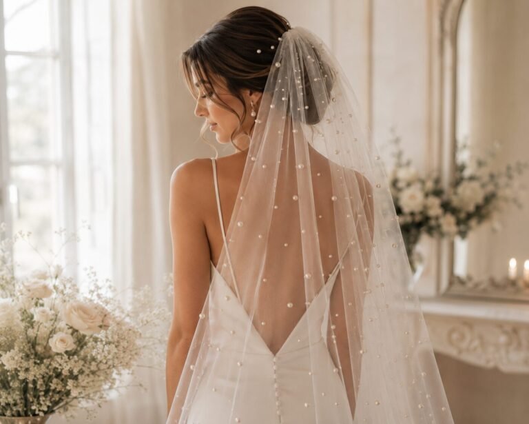 Bride wearing a soft ivory pearl wedding veil with a simple satin wedding dress