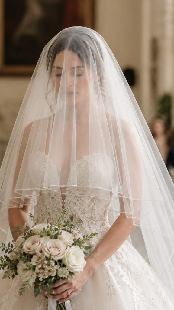 Bride wearing a two-tier blusher veil over her face during the wedding ceremony