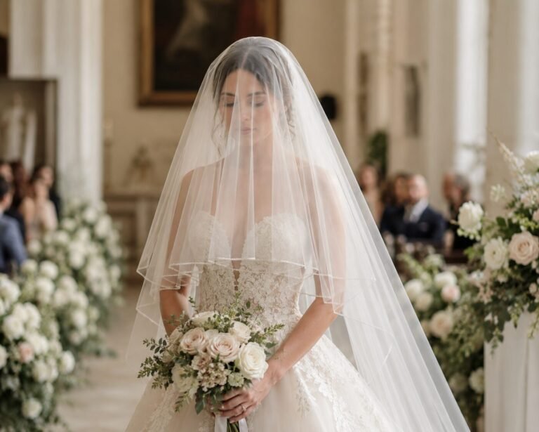 Bride wearing a two-tier blusher veil over her face during the wedding ceremony