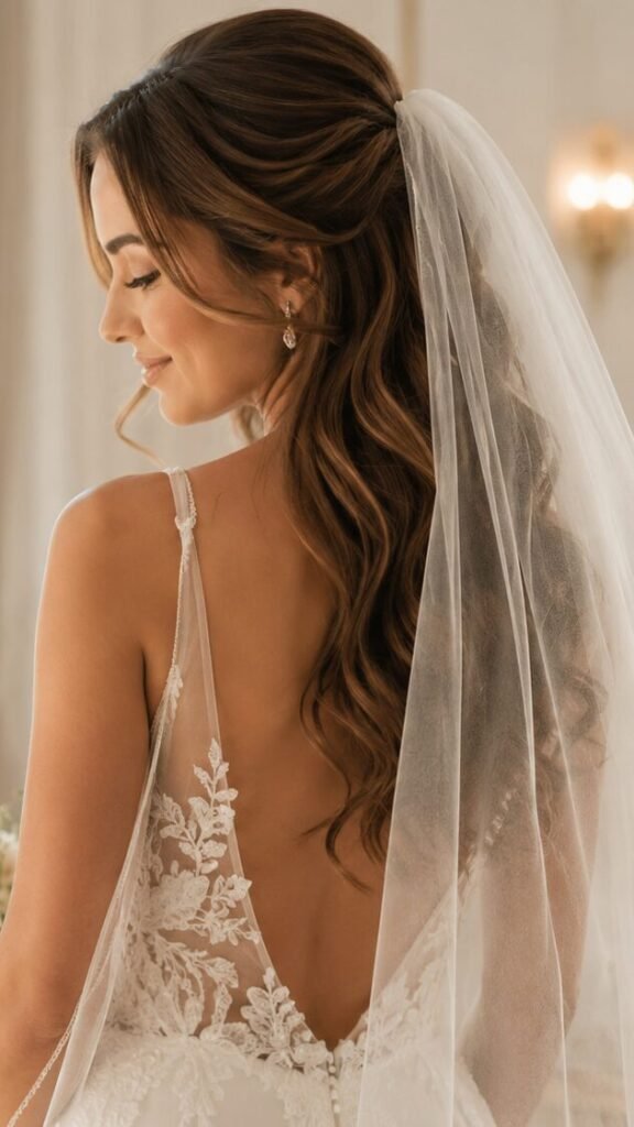 Bride wearing a wedding veil with half-up hairstyle and soft waves