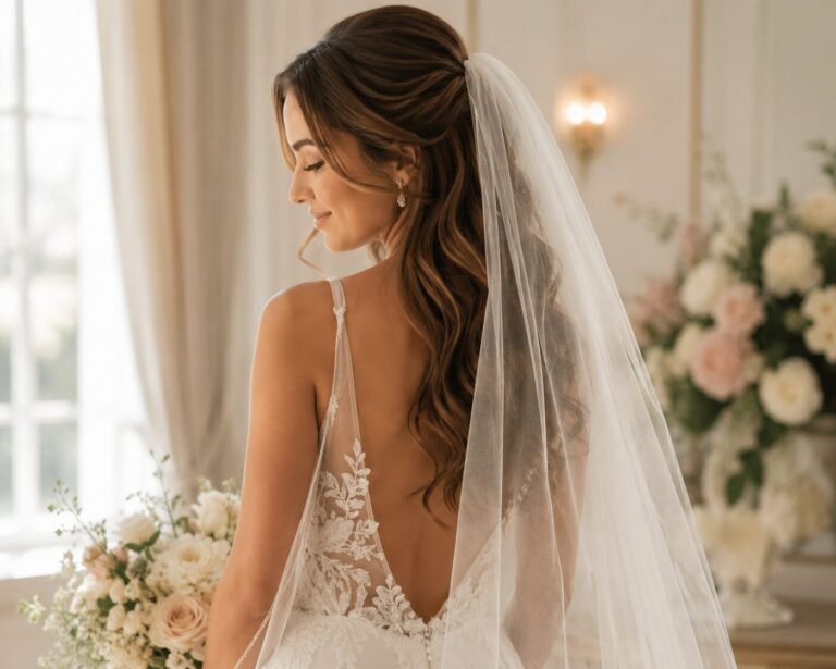 Bride wearing a wedding veil with half-up hairstyle and soft waves