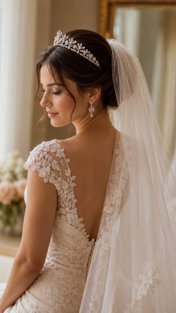 Bride wearing a wedding veil with a delicate tiara in a romantic bridal hairstyle