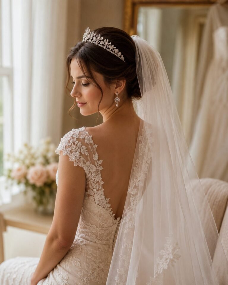 Bride wearing a wedding veil with a delicate tiara in a romantic bridal hairstyle