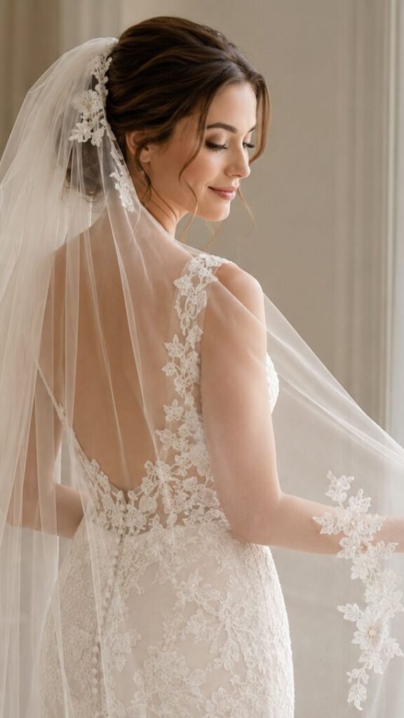 Bride wearing a light ivory tulle veil with lace wedding dress in natural window light