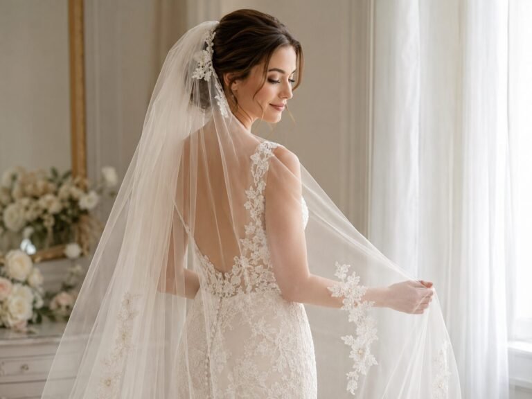 Bride wearing a light ivory tulle veil with lace wedding dress in natural window light