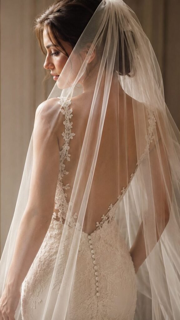 Bride wearing a sheer tulle veil with an open back ivory wedding dress