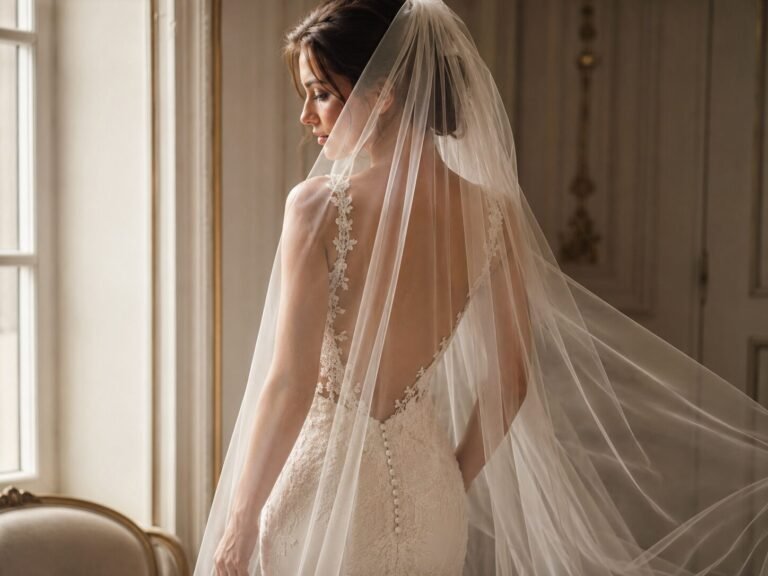Bride wearing a sheer tulle veil with an open back ivory wedding dress
