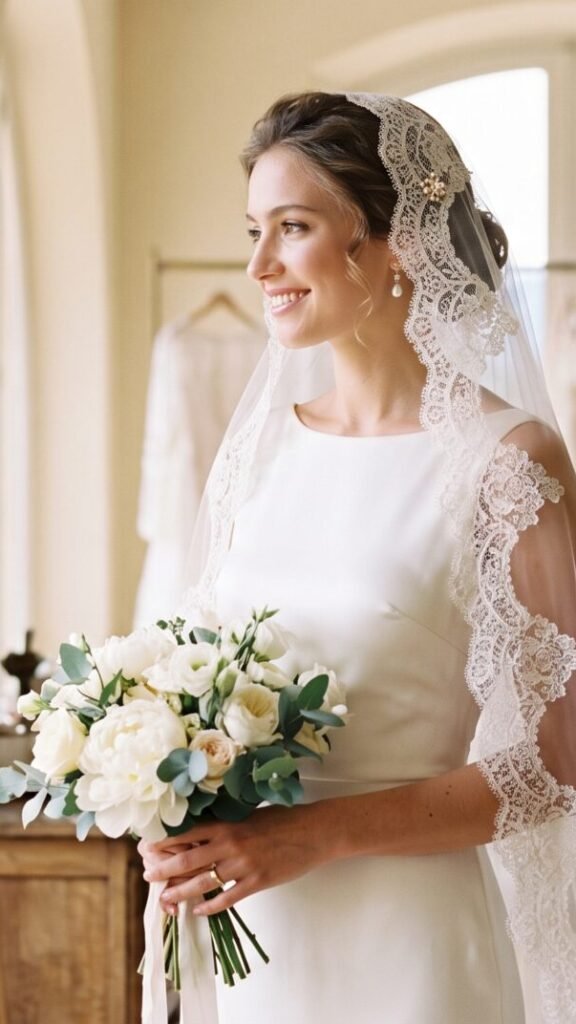 Bride wearing a romantic mantilla veil with lace edge over a simple ivory wedding dress