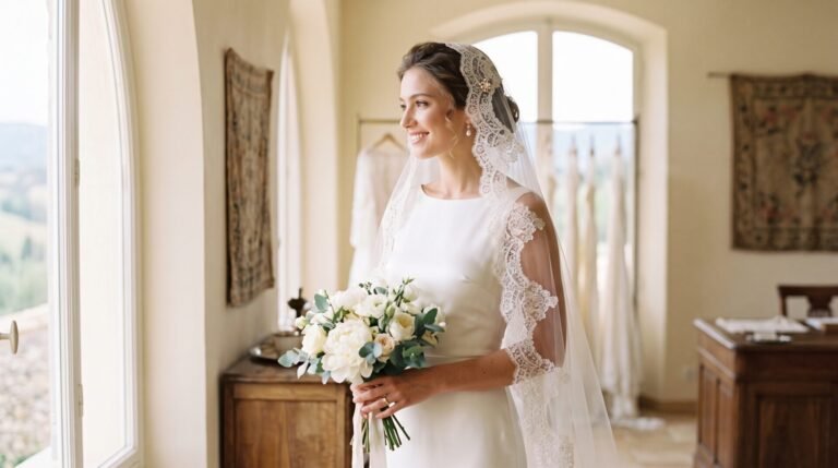 Bride wearing a romantic mantilla veil with lace edge over a simple ivory wedding dress