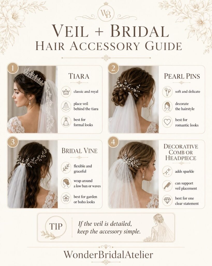 Veil and bridal hair accessory guide showing tiara pearl pins bridal vine and decorative comb options
