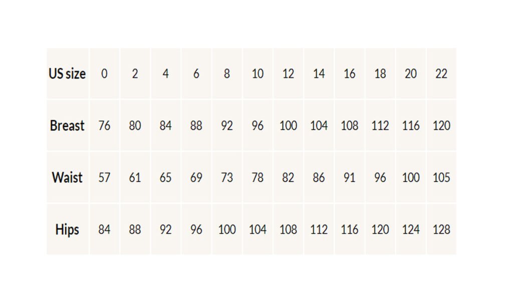Bridal size chart with US sizes and bust, waist and hips measurements in centimeters