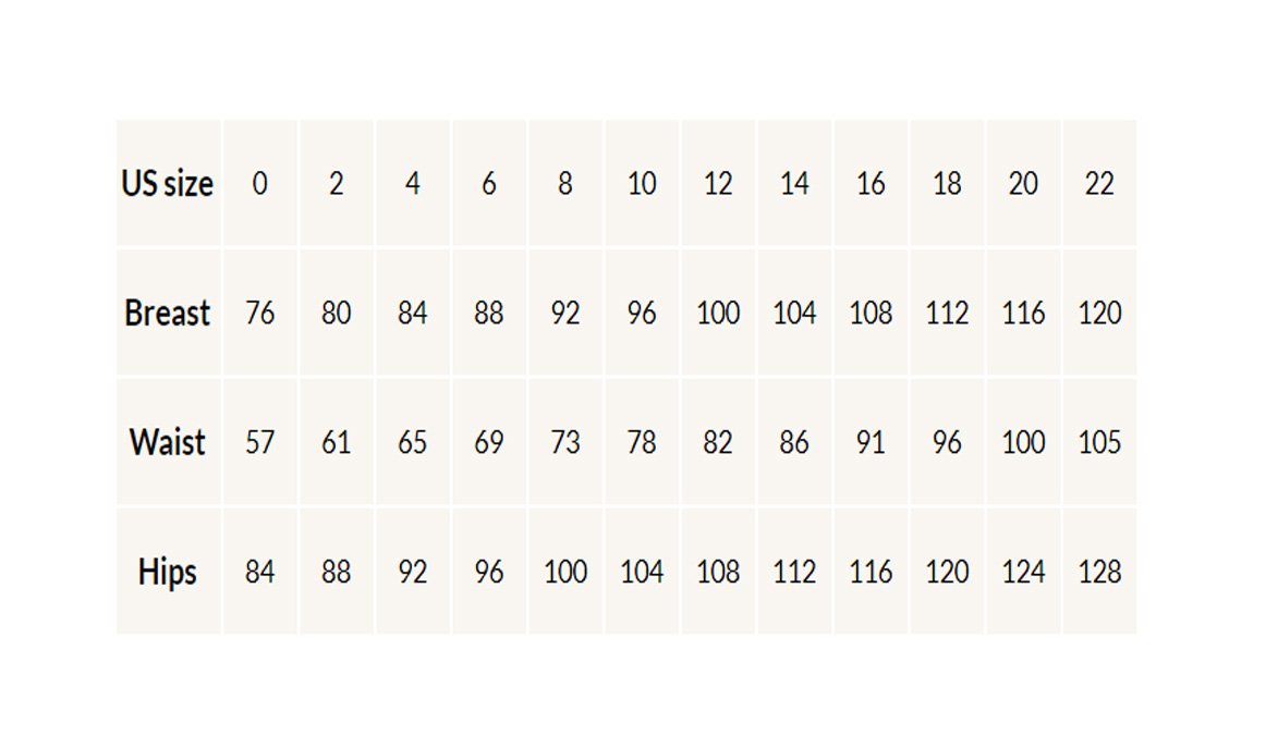 Bridal size chart with US sizes and bust, waist and hips measurements in centimeters