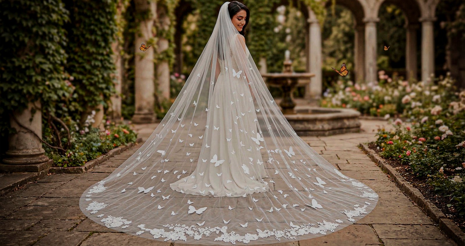 Bride wearing a long butterfly wedding veil with lace edge in a romantic garden, Wonder Bridal Atelier