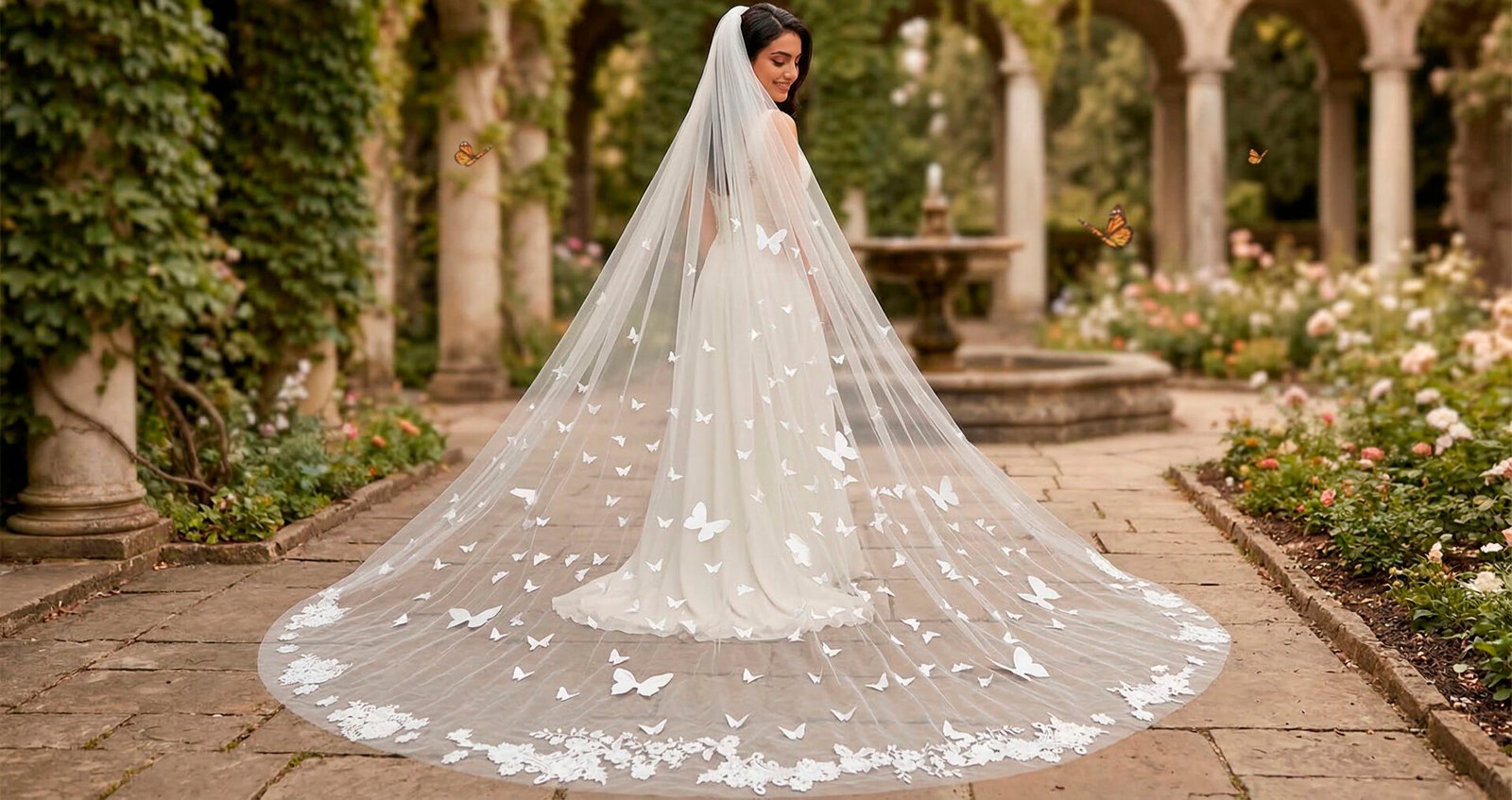 Bride wearing a long butterfly wedding veil with lace edge in a romantic garden, Wonder Bridal Atelier