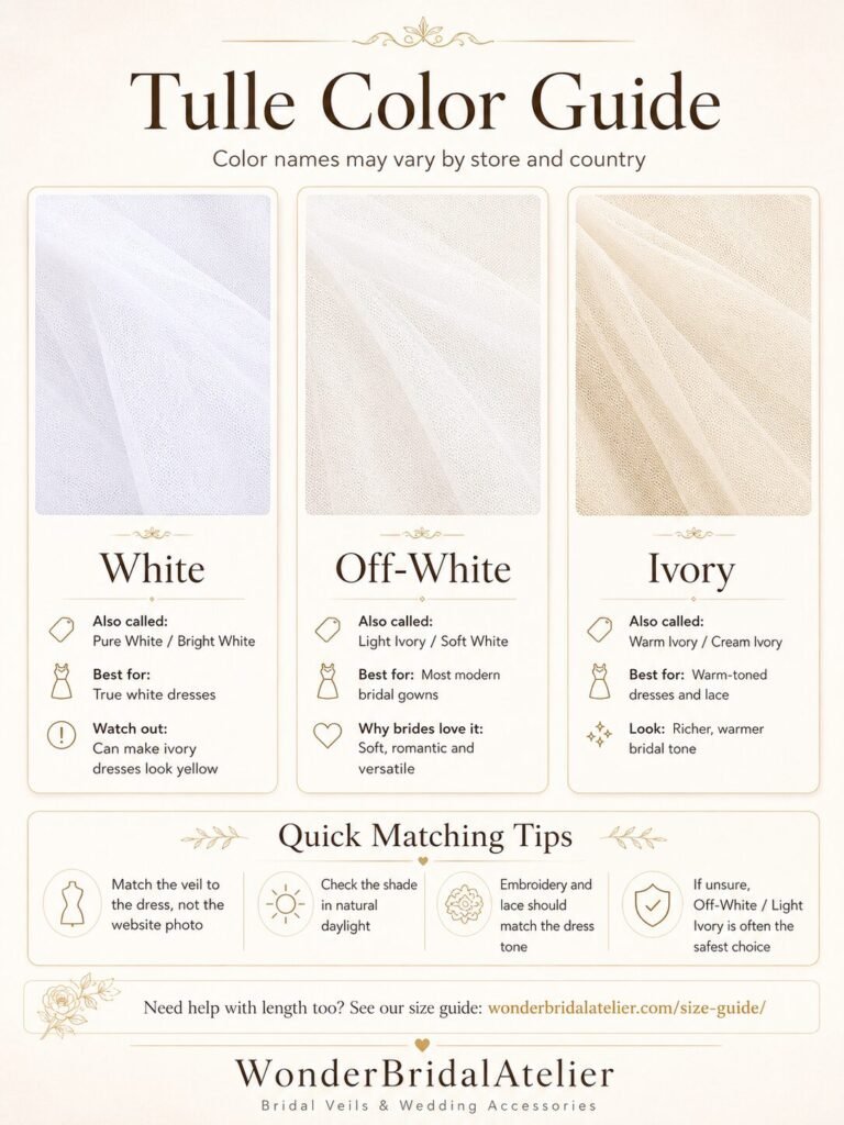 Tulle color guide for wedding veils showing white, off-white and ivory shades with matching tips for brides