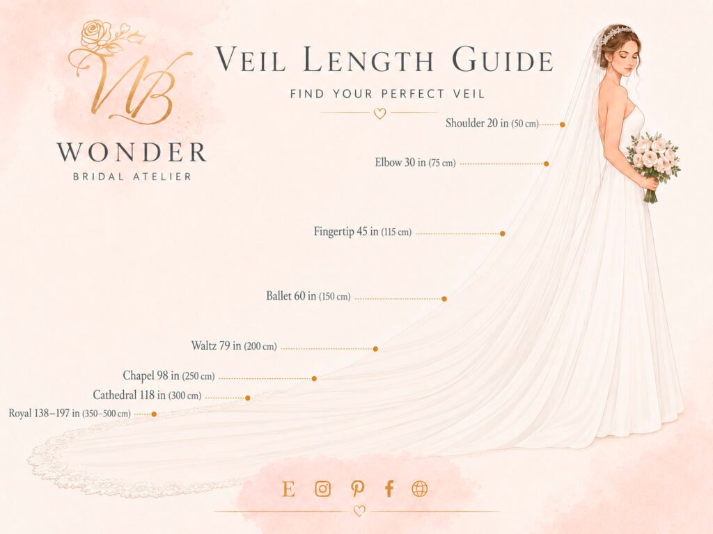 Veil length guide by Wonder Bridal Atelier showing bridal veil lengths: Shoulder 20 in, Elbow 30 in, Fingertip 45 in, Ballet 60 in, Waltz 79 in, Chapel 98 in, Cathedral 118 in, and Royal 138–197 in.