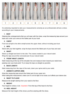 Wedding dress measurement guide showing bust, chest, hips, waist, height and length measurements