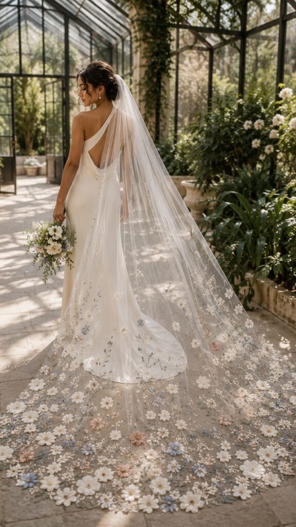 Bride wearing a 2026 floral cathedral wedding veil with 3D flowers and colorful wildflower embroidery