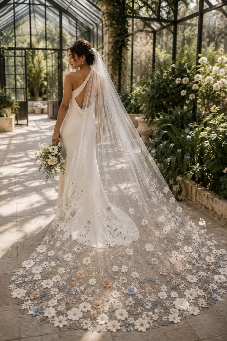 Bride wearing a 2026 floral cathedral wedding veil with 3D flowers and colorful wildflower embroidery
