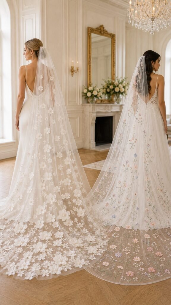 Two brides comparing a 3D floral wedding veil and a flat embroidered wildflower veil