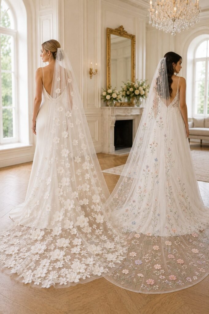 Two brides comparing a 3D floral wedding veil and a flat embroidered wildflower veil