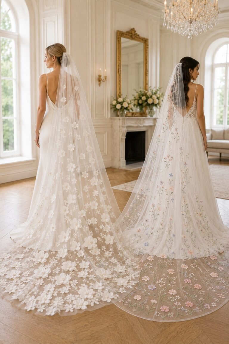 Two brides comparing a 3D floral wedding veil and a flat embroidered wildflower veil
