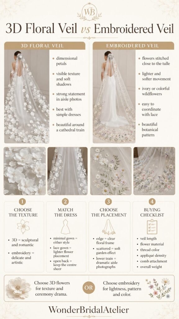 3D floral veil vs embroidered veil guide comparing texture dress matching flower placement and buying details