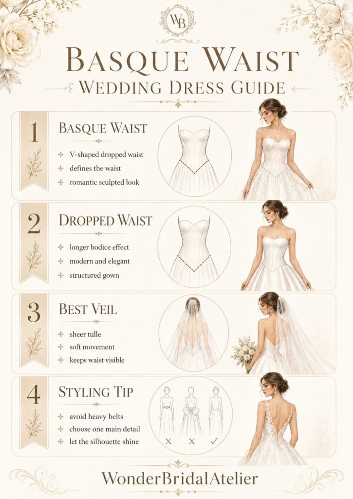 Basque waist wedding dress guide showing dropped waist silhouettes and bridal styling tips